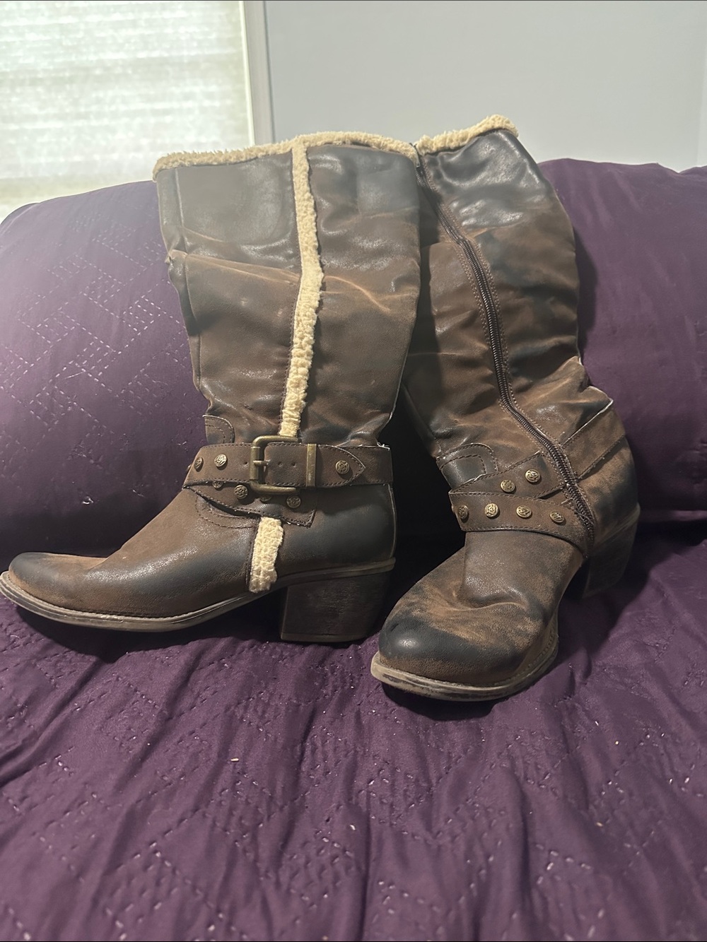 Nicole Brown Faux-Shearling Trim Mid-Calf Heeled Riding Boots